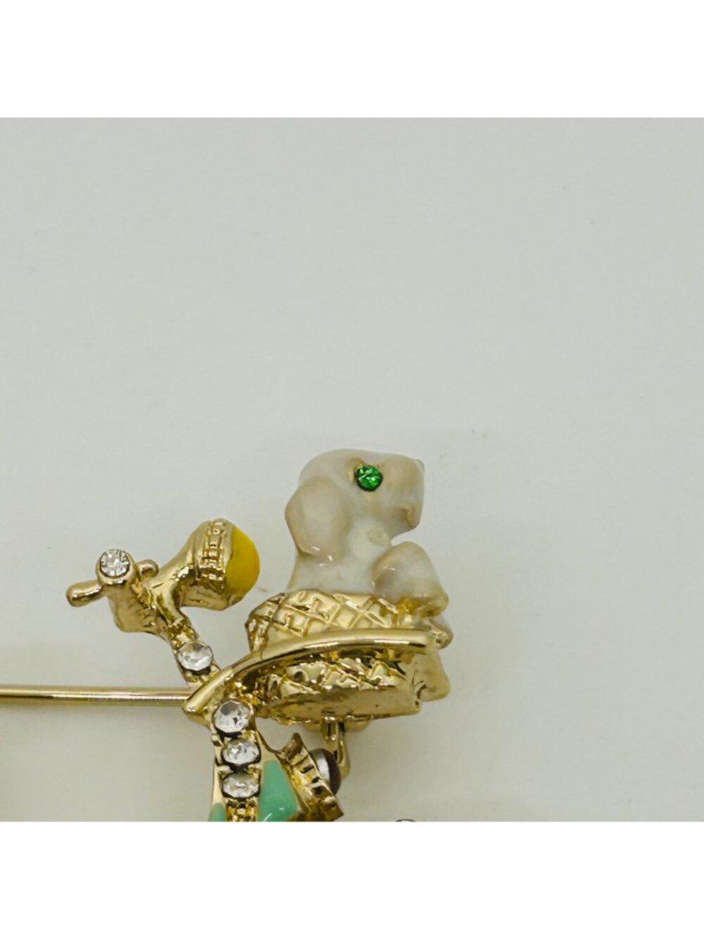 Anne Klein Green Enamel Scooter Brooch With Dog & Flower Rhinestone Accents - Picture 7 of 11